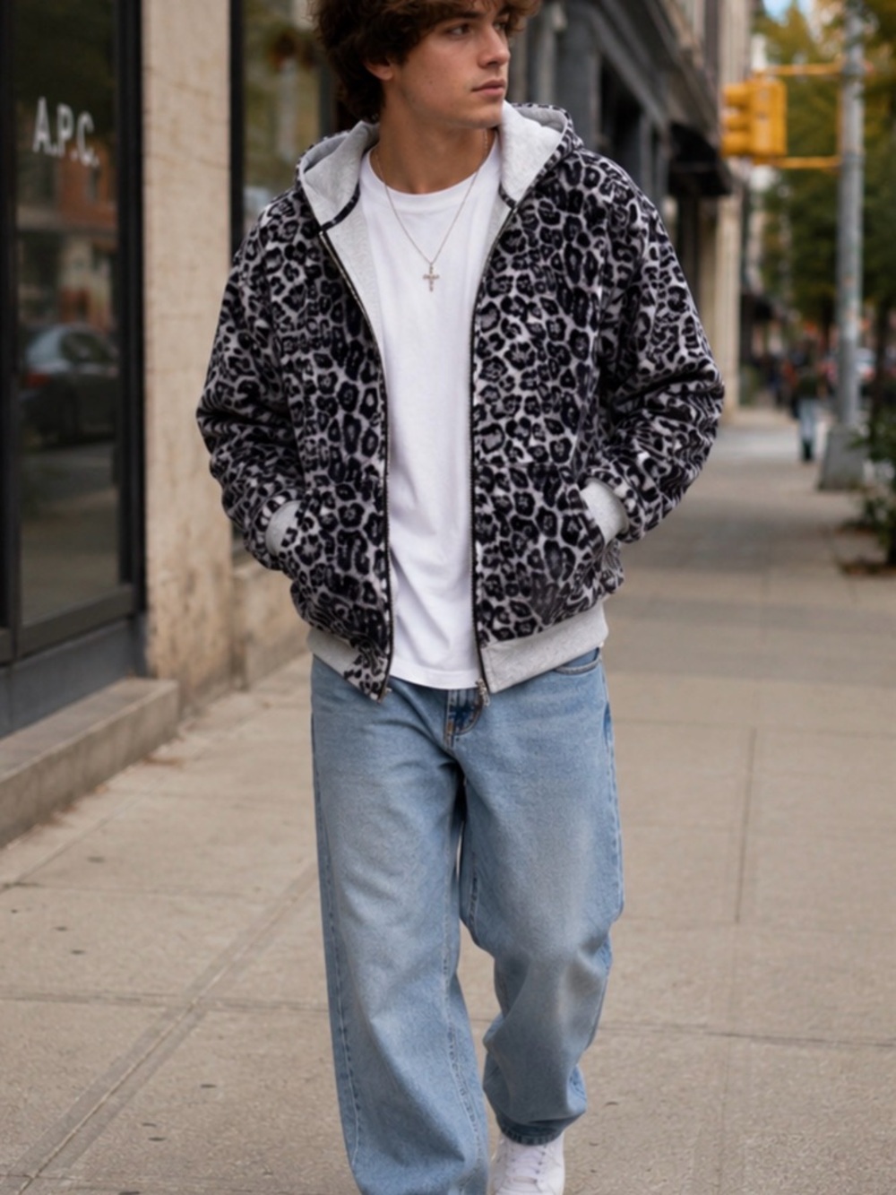 Men's Grey Leopard Sherpa Zip-Up Bomber Jacket (Reversible - Size S)